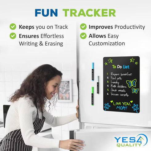 Magnetic Black Dry Erase Board for Fridge, 17 x 11 inch, Stain-Resistant with Neon Chalk Markers & Eraser