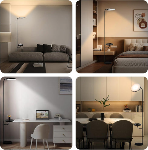 36W Dimmable 350Rotating LED Floor Lamp with Table & Shelves, Minimalist Stepless Torchiere with Dual Control (Remote