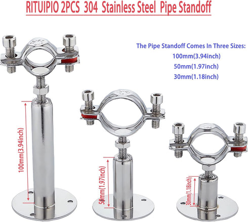 2PCS Wall Mount Ceiling Mount Pipe 304 Stainless Steel Pipe Supports, Adjustable Height for OD Pipe 15-19mm