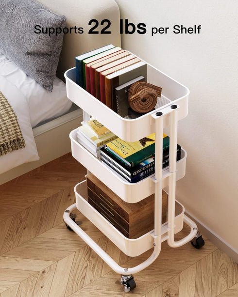 Pipishell 3 Tier Heavy-Duty Metal Rolling Utility Cart, Multifunctional Mesh Storage with 2 Lockable Wheels (White)