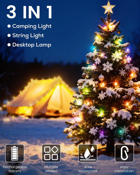 32.8ft 4000mAh Camping String Lights, RGB Retractable String Lights, Rechargeable LED Hanging Tent lamp, Portable