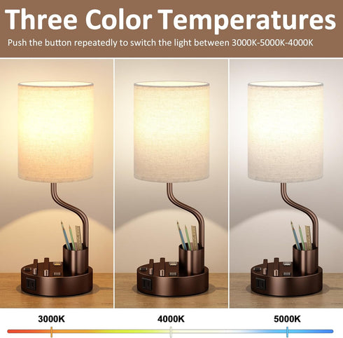 Set 2 3 Bedside Table Lamps for Bedroom of - Beige Nightstand Lamp with AC Outlet Charging Port and USB A C, Color