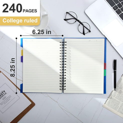 CAGIE 5x7 Spiral Notebook, College Ruled, 5 Subject with Dividers, A5 Journal for Work, 240 Pages, Blue
