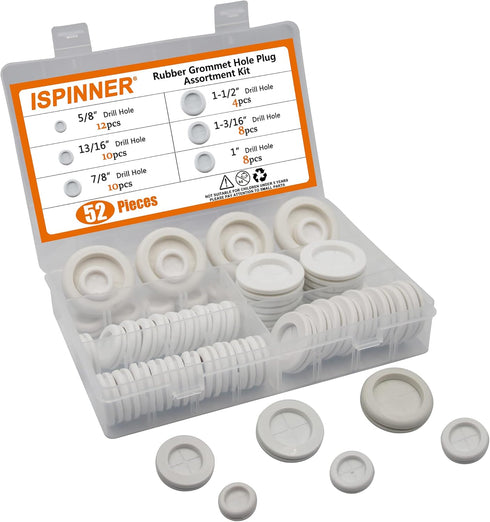 ISPINNER 52pcs Rubber Grommet, Double Sided Round Rubber Hole Plug, Drill Hole Sizes 5/8" to 1-1/2" (White)