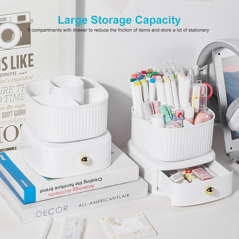 Pencil Pen Holder with Drawer, 5 Slots 360 Degree Rotating Organizer for Desk, School Supplies
