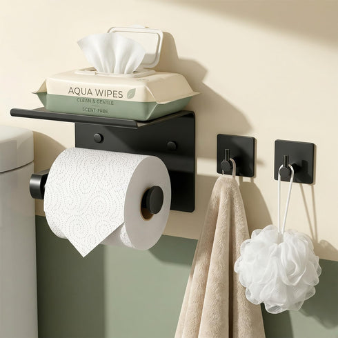 Tindbea Toilet Paper Holder Wall Mount + Towel Robe Hooks, Adhesive or