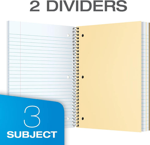 Oxford Spiral Notebook 3 Pack, 3 Subject, College Ruled Paper, 2 Dividers, 8 x 10-1/2 Inches, Black, Red, Blue, 120 Sheets (65202)