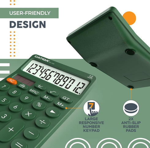 CATIGA 12 Digit Desktop Calculator with Large LCD Display, Round Design, Solar and Battery Dual Power for Office