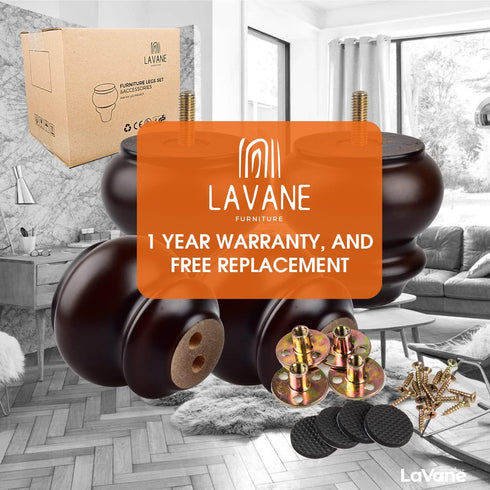 La Vane 3 Inch 4PCS M8 8cm Classic Bun Feet, Solid Wood Furniture Legs with Bolts & Mounting Plates Small Size