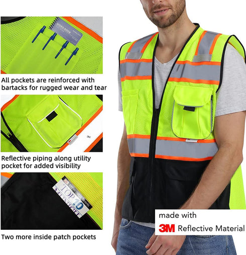 High Visibility Mesh Vest with Pockets and Zipper, ANSI Class 2, Made with 3M Reflective Tape, Yellow and Black
