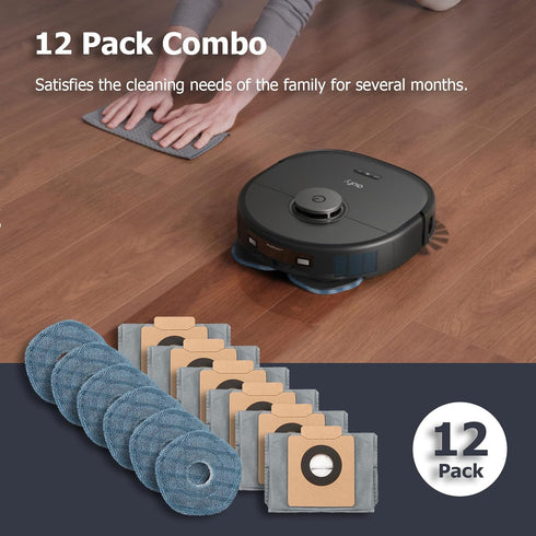 12 Pack Replacement Parts Dust Bags Mop Pads for eufy X10 Pro Omni Accessories Robot Vacuum Self-Empty Station