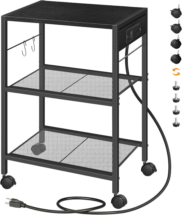HOOBRO Industrial Printer Stand, 3-Tier Mobile Printer Table with Power Outlets and USB Ports, Black BB22UPS01, for