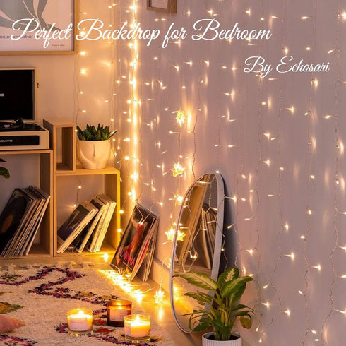300 9.8ft9.8ft echosari LED Curtain Lights Battery Operated, Hanging Light with Remote Timer Fairy Curtain Lights