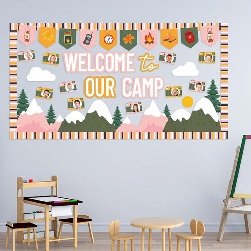 Camping Bulletin Board Set, Welcome to Our Camp Summer Decorations with Adventure DIY Photo Craft Cutouts