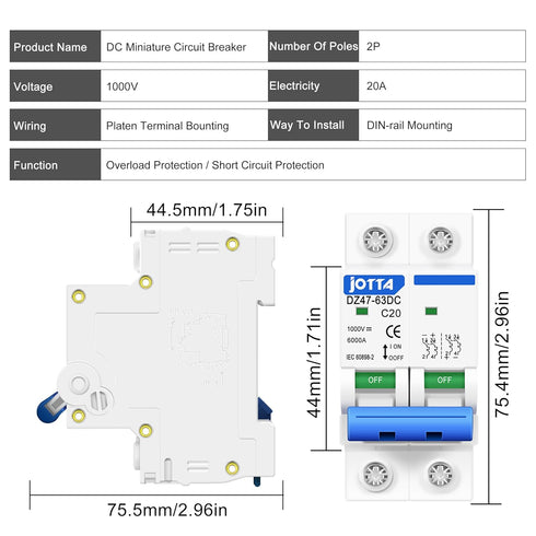JOTTA DC Miniature Circuit Breaker,2 Poles 1000V for Solar PV System,Din Rail Installation (2 PCS 20A)