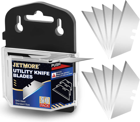 JETMORE 50 Pack Utility Knife Blades, SK5 High Carbon Steel Standard Size Blades for Box Cutter