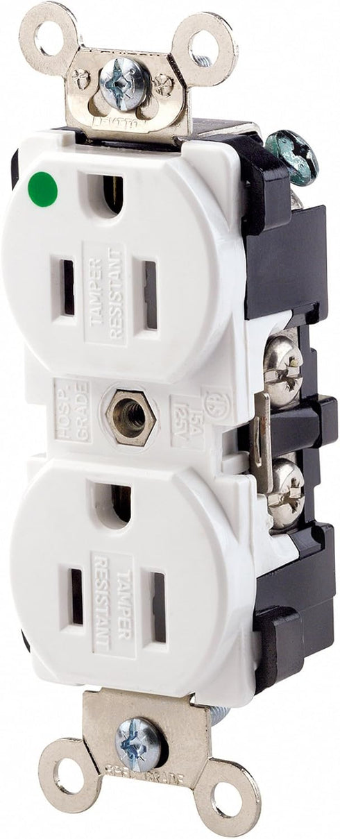 Leviton 8200-SGW 15-Amp, 125 Volt, Extra Heavy Duty Hospital Grade, Duplex Receptacle, Tamper-Resistant, Straight Blade, Self Grounding, White