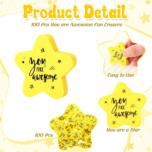 Spakon 100 Pcs Inspirational Star Erasers Bulk for Kids, Mini Fun Motivational Rubber Erasers for Classroom
