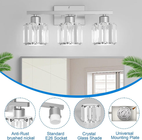 3-Light E26 (Bulbs comzler Bathroom Light Fixtures Over Mirror, Brushed Nickel Crystal Wall Sconce with Base for Mirror