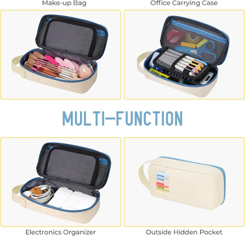 ECHSRT Big Pencil Case, Aesthetic Portable Zipper Bag with Hidden Pocket, Special Organizer for Office Travel, Beige