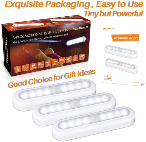 3 Pack 7 Closet, STAR-SPANGLED Motion Sensor Lights Indoor Battery Operated, Stick on LED Light for Stairs, Under