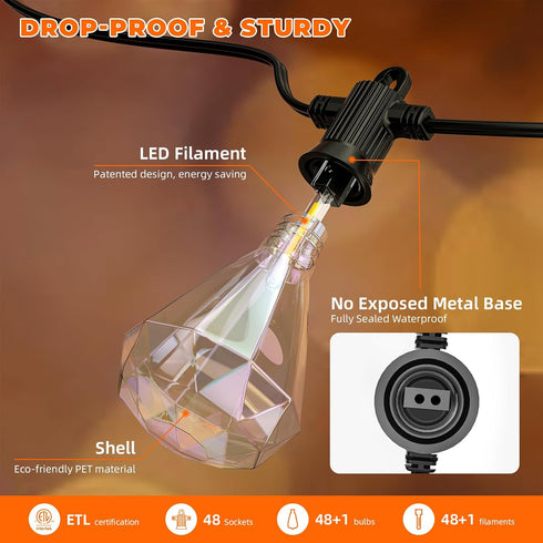 97 48+1 Bulbs 2700K Dimmable IP65 Kawaya Outdoor String Lights FT LED Patio with Shatterproof Unique Diamond Edison