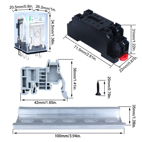 2Pcs HH52P 12VDC 8-Pin 5A Coil Electromagnetic Power Relay - DPDT 2NO+2NC with LED Indicator Light, Base DIN Slotted