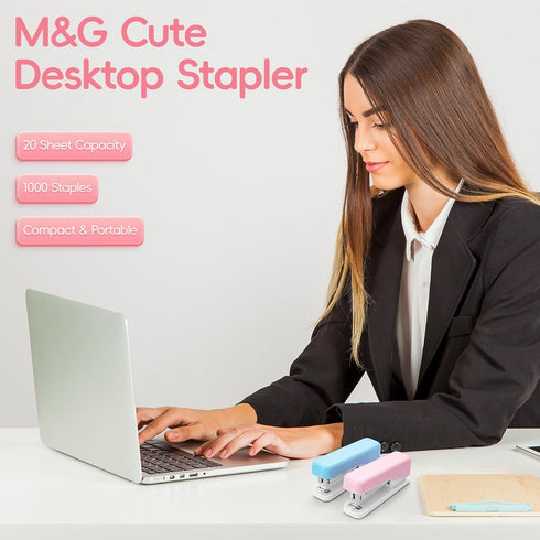 M&G Stapler Desktop Stapler, Small Cute Stapler, 1000 Staples, 20 Sheet Capacity, Portable for Office School Home (Pink)