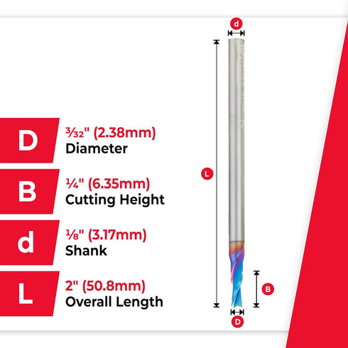 Amana Tool Solid Carbide Spiral Plunge Router Bit Down-Cut, 46239-K, 3/32 Dia x 1/4 CH x 1/8 Shank 2 Inch