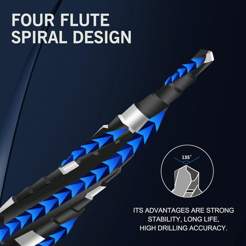 M35 Four Spiral Flute Cobalt Step Drill Bit, 1/4"-3/4" Wear-Resistant TiAlN Coated for Metal, Wood, Plastic