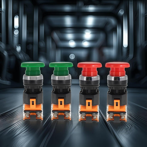 Emergency Push Button Switch - Green & Red Mushroom Head, 22mm, Spring Return (4 pack)