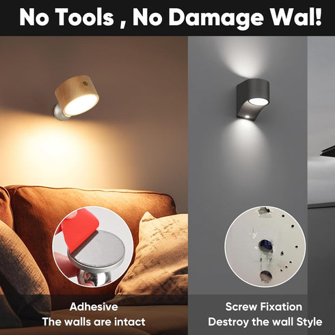 moiandtoi Set 360 Dimmable Rechargeable Wall Lights Battery Operated, Battery Wall Sconces of Two for Bedroom, Wood