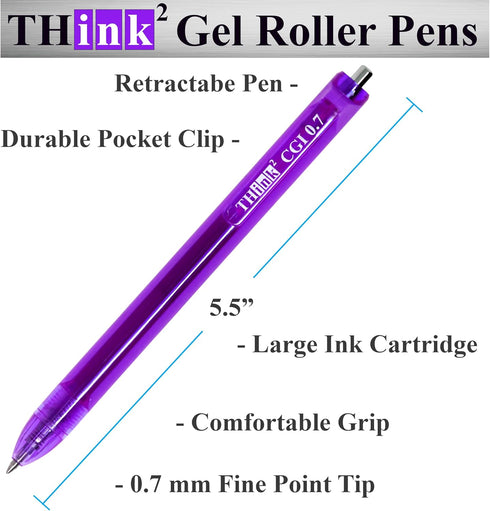 THINK2MASTER 24 Pens - Purple Ink, 0.7mm CGI Retractable Gel Pens, Medium Point Rollerball with Quick Drying Ink