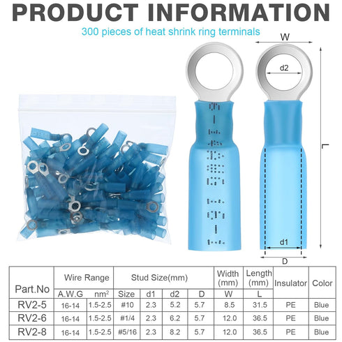 300 Pcs Heat Shrink Ring Terminals #10 Blue, 16-14 AWG Electrical Connectors, Waterproof and Insulated (Ring 1/4")