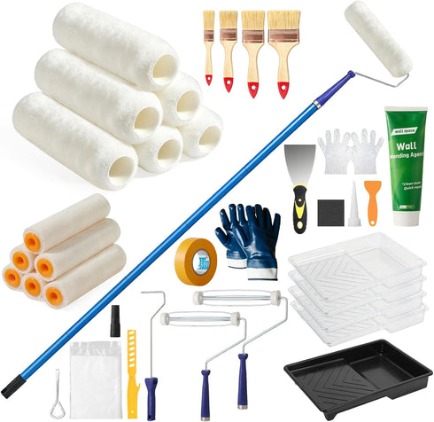 spicyorange Paint Roller Kit with Long Paint Roller Extension Pole, 37 PCS Wall