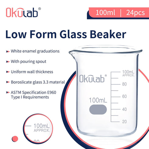 Beaker Set, Low Form 100ml Graduated Borosilicate Glass Beakers, 24pcs for Lab, Classroom, Craft, Kitchen