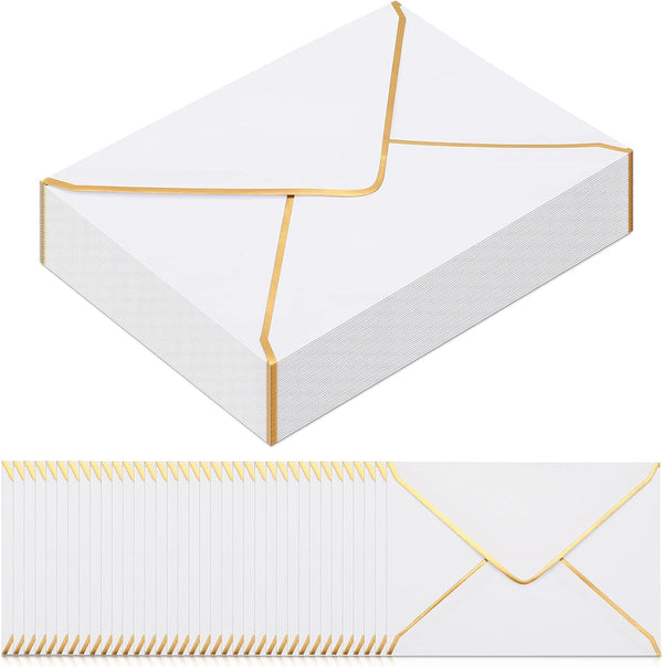 Teling 100 Pack 5 x 7 Envelope Invitations | Ice White | A7 V Flap Envelopes with Gold Border for Bridal Shower, Wedding