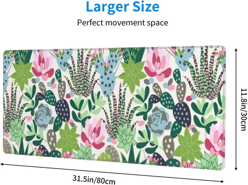 Cute Large Mouse Pad Desk Mat, Succulents and Cactus Big Extended Gaming Mousepad with Stitched Edges for Office,