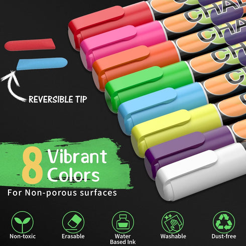 Liquid Chalk Markers Pens - 8 Colors, Washable & Wet Erase Neon Chalk Markers for Blackboard, Glass Window, Kids Art