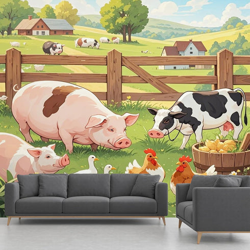 MazoAzuria Farmhouse Animal Wall Mural, Pig Dairy Cow Wallpaper, Farm Chicken Murals for