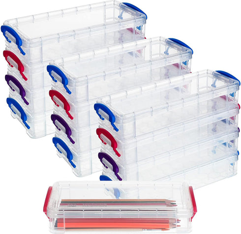 Crtiin 12 Pack Clear Plastic Pencil Box, Large Capacity Pen Case, Stackable Storage Organizer Box for Office Supplies,