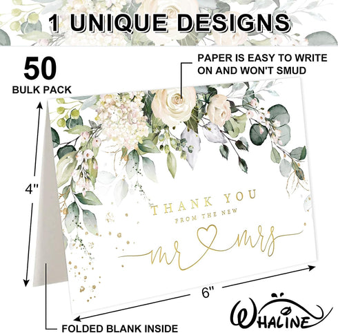 50 Pack Whaline Floral Wedding Thank You Cards Flower with Eucalyptus Leaves Mr & Mrs Thank You Greeting Note Cards