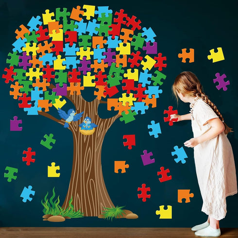 Classroom Tree Bulletin Board Set, Puzzle Pieces Cutouts for School Elementary Teacher Chalkboard Wall Decor