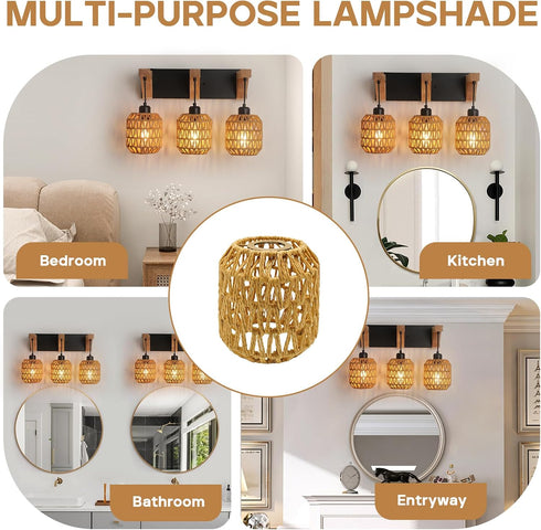 3-Pack Boho Rattan Lamp Shades - Handwoven Natural Wicker Lampshades for Pendant Lights, Chandeliers, Wall Sconces
