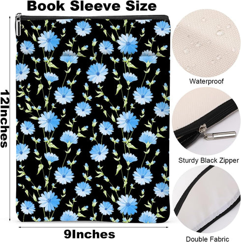 Blue Flower Pattern Waterproof Book Sleeve, Book Pouch with Zipper and Front Pocket, Book Cover Case for Women, Gifts