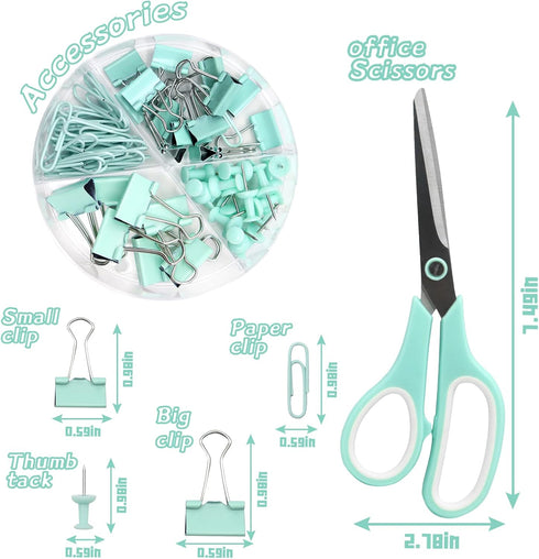 UPIHO Teal Desk Accessories Set, Green Office Supplies with Stapler, Tape Dispenser, Remover, Clips, Scissors