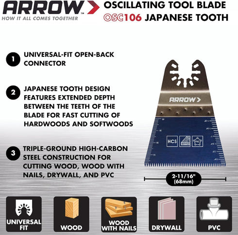 Arrow OSCELEC1-EK Oscillating Tool Accessory Kit, 4-Piece for Drywall, PVC, Wood, Includes 2 Japanese Tooth Blades