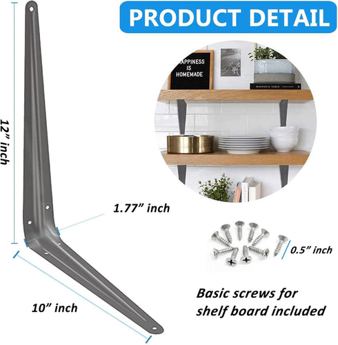 Wideskall 10" 12" inch Pack 12 Metal x Wall Corner Angle Shelving Shelf Brackets, Grey