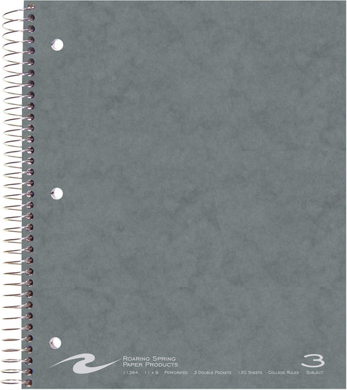 Roaring Spring 3 Subject Spiral Notebook, College Ruled, 120 Sheets, Double Pockets, 11" x 9", Assorted Colors