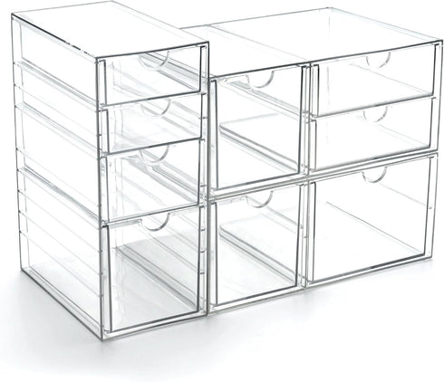 Prsildan Acrylic Drawer Makeup Organizer with 9 Drawers - Set of 3 Clear Stackable Storage Drawers for Vanity